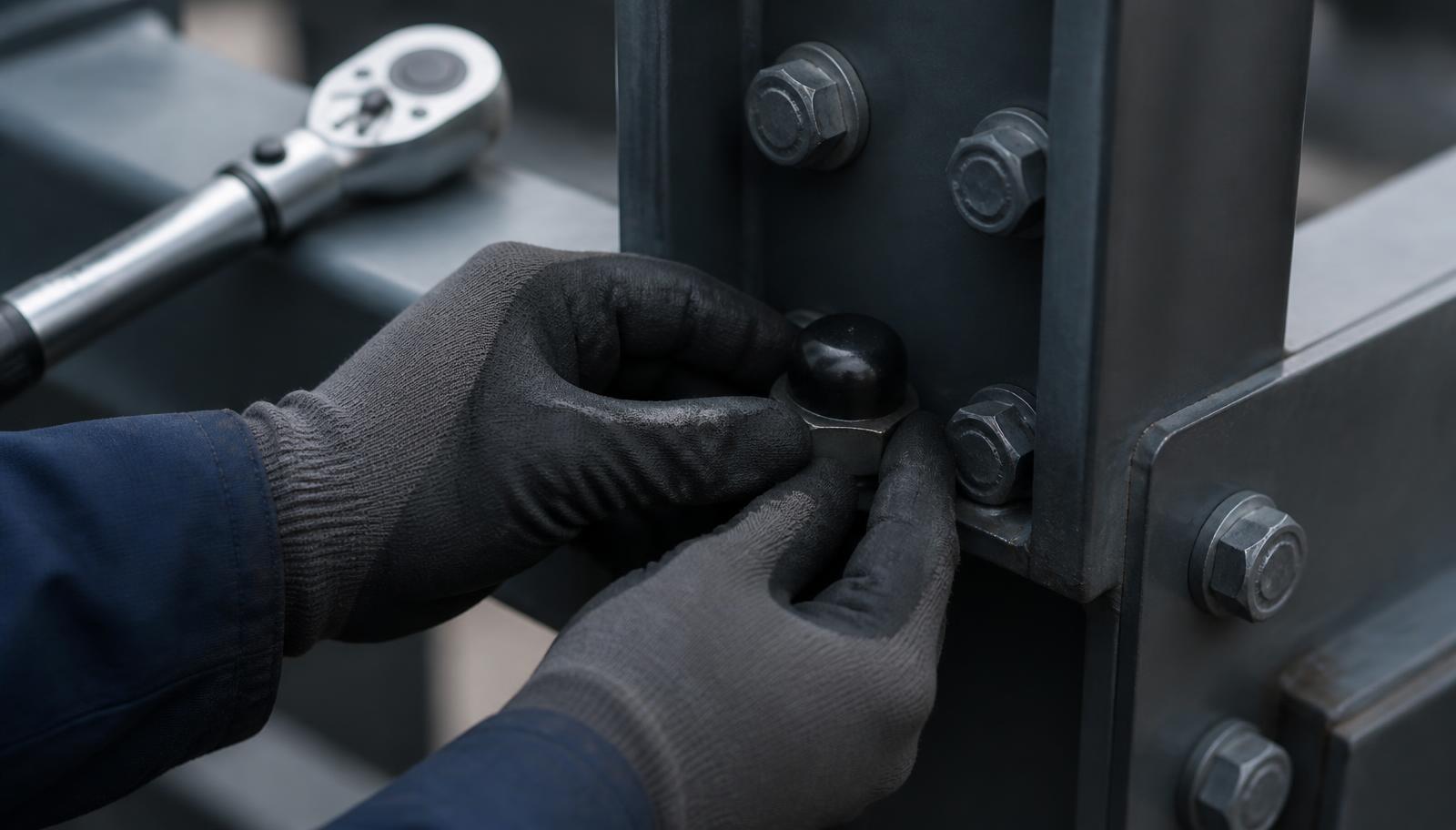 Pose à la main d'un capuchon de protection noir sur un écrou d'un assemblage boulonné